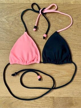 Victoria's Secret Colorblock Triangle String Bikini Top Pink Black Small EUC